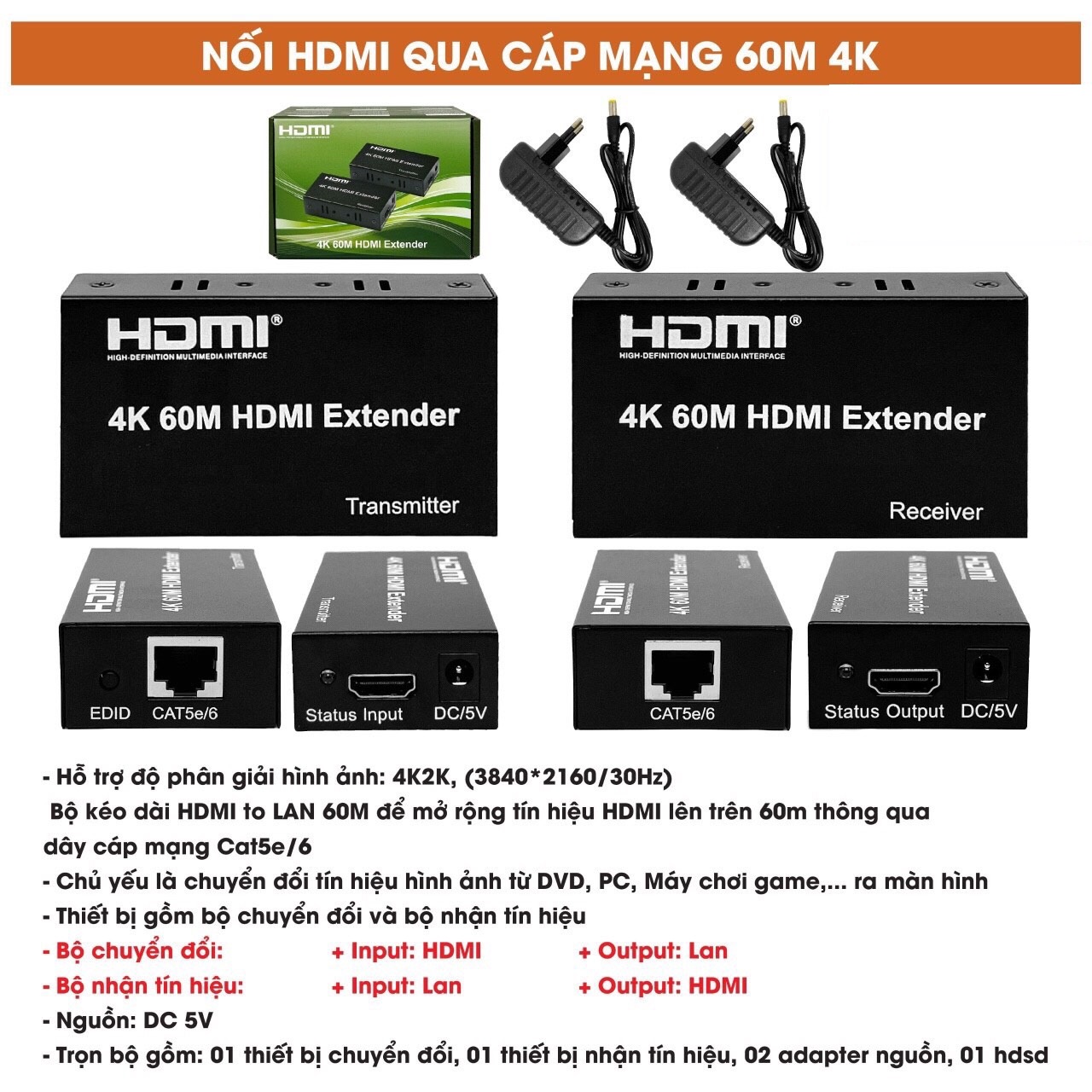 Bộ nối dài HDMI 60M qua cáp mạng 4K