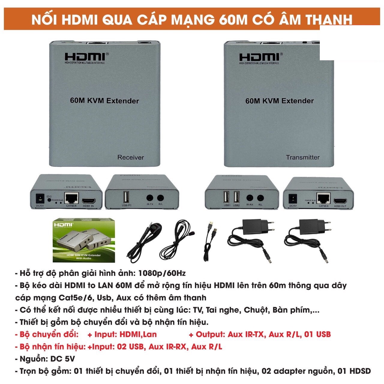 Bộ nối dài HDMI qua cáp mạng 4K 60M KVM Extender có âm thanh