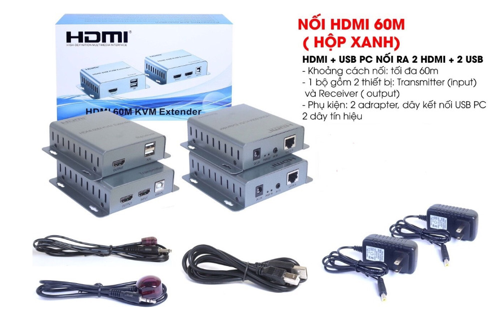 Bộ nối dài HDMI 60m + USB ra 2 HDMI + 2 USB qua dây mạng