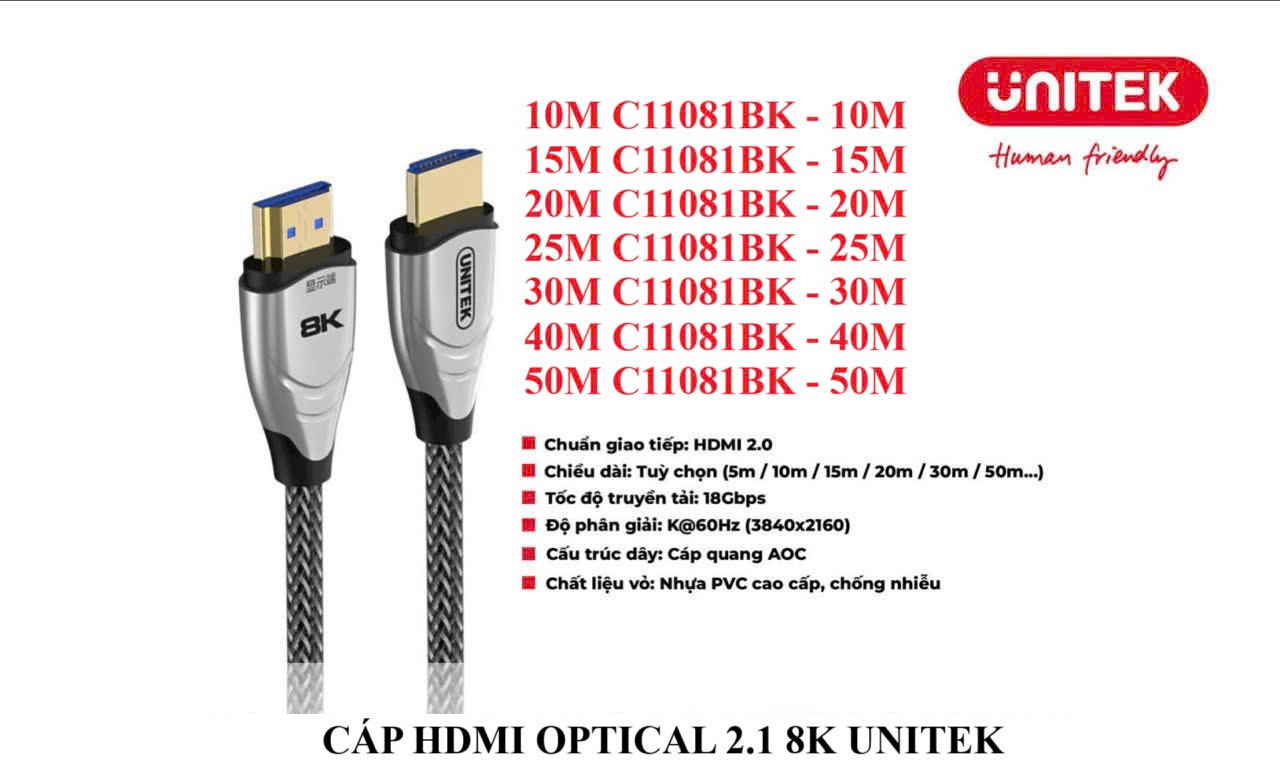 Cáp HDMI 2.1 8k sợi quang dài đến 50m Unitek C11081BK