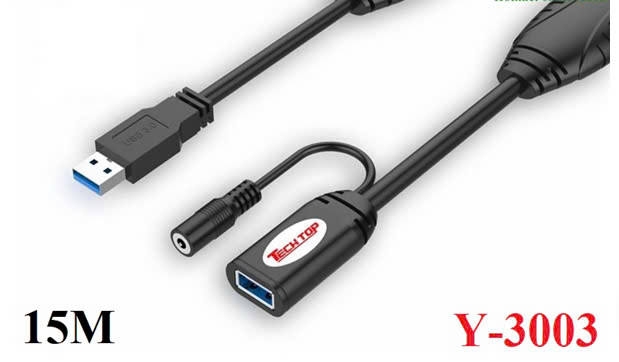 Cáp USB 3.0 nối dài 15m có IC khuếch đại hỗ trợ cổng cấp nguồn Unitek Y-3003 cao cấp