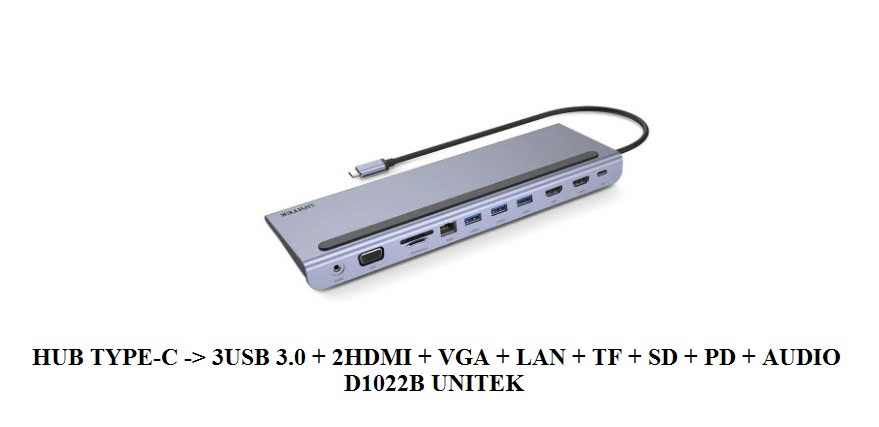 HUB chia 7 trong 1 Type-C -> USB-A + CardReader + 3.5mm + HDMI + VGA + LAN + PD 100W UNITEK D1022B