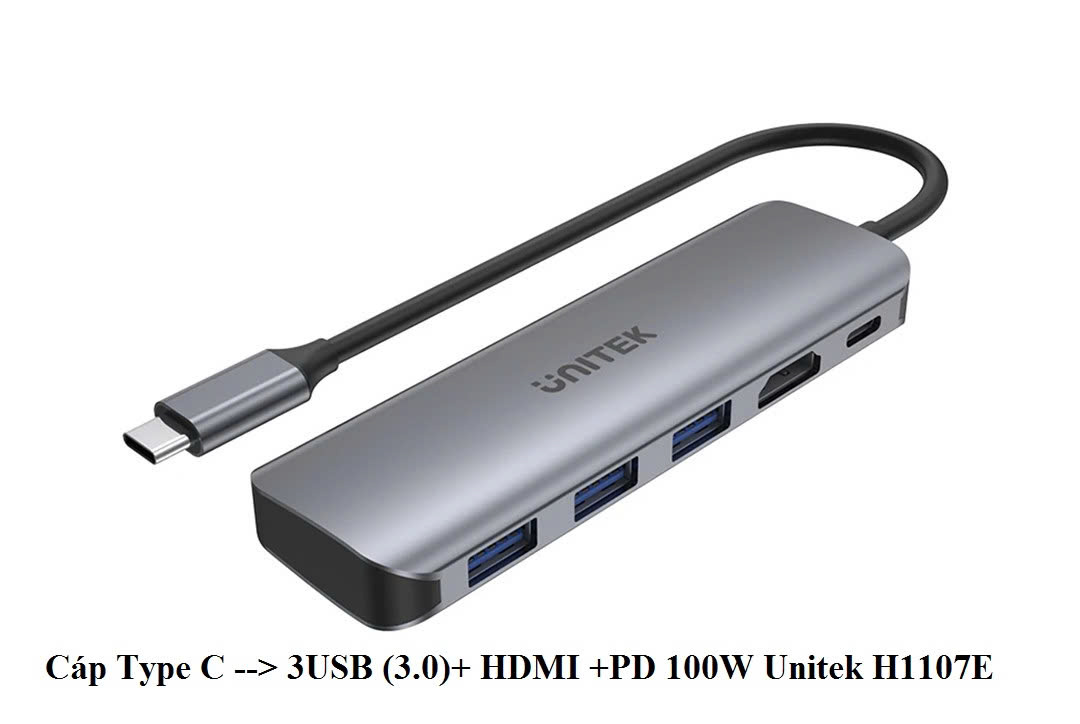 CÁP TYPE-C SANG 3 USB 3.0 + HDMI + PD 100W UNITEK H1107E