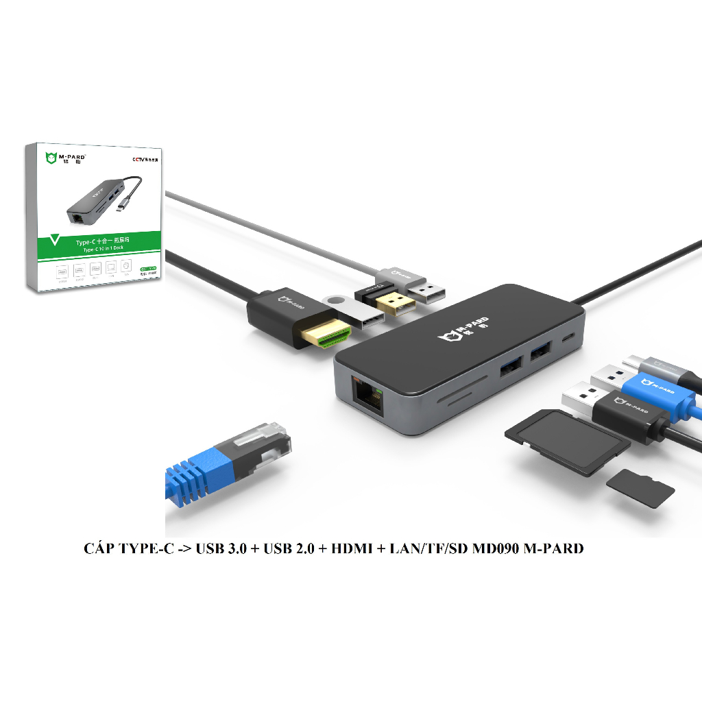 Hub USB Type C -> USB 3.0 + USB 2.0 + HDMI + LAN /TF/SD  20cm M-PARD MD090