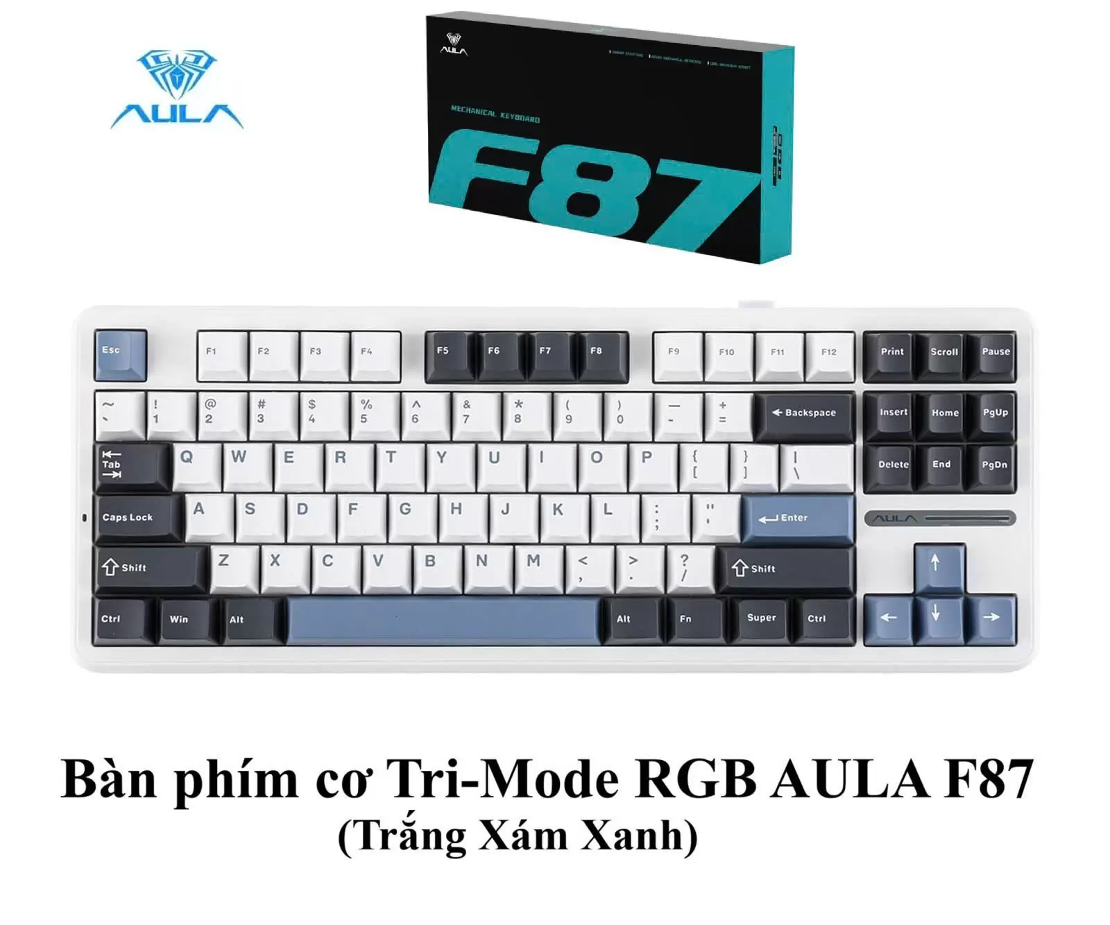 Bàn phím cơ Tri-Mode RGB AULA F87 (Trắng Xám Xanh)