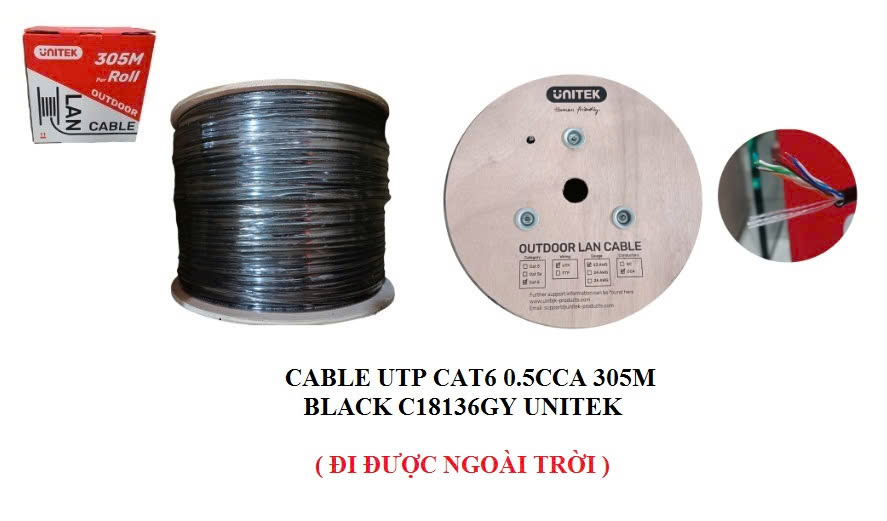 Cáp mạng UTP 305m Cat6E 0.55CCA Unitek C18136GY  Màu Đen (ngoài trời)