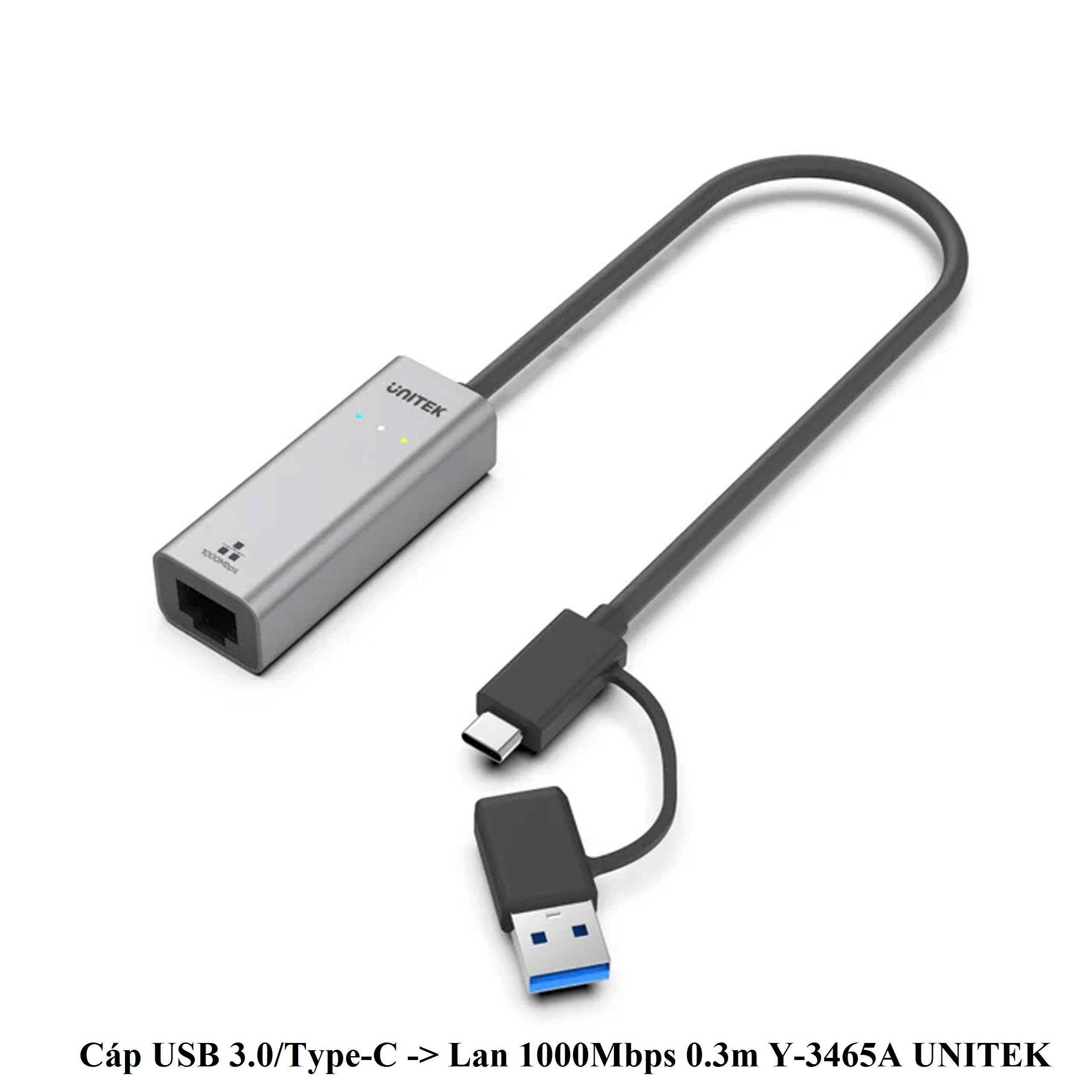 Cổng chuyển Type C / USB 3.0 to LAN 1000Mbps UNITEK Y-3465A  chính hãng