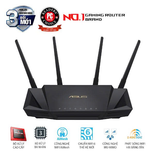 Bộ phát wifi 6 Asus RT-AX58U (Chuẩn AX/ AX3000Mbps/ 4 Ăng-ten ngoài/ Wifi Mesh/ 45User)