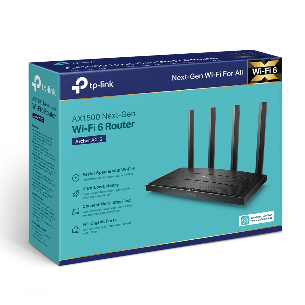 Bộ phát wifi 6 TP-Link Archer AX12 (Chuẩn AX/ AX1500Mbps/ 4 Ăng-ten ngoài/ Wifi Mesh/ 35 User)